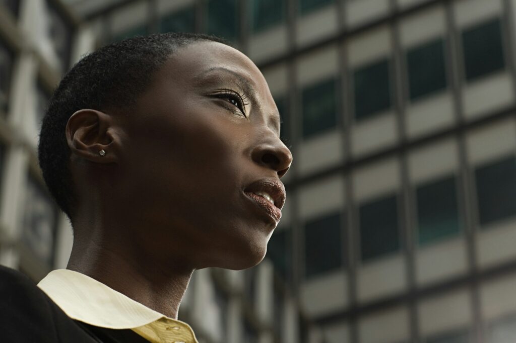 African businesswoman with short hair